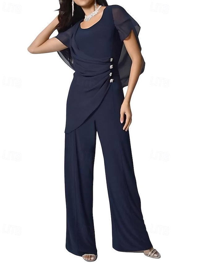  Combinaison cape / tailleur-pantalon robe mère de la mariée élégante simple minimaliste col rond longueur au sol mousseline manches courtes avec boutons en cristal 2025