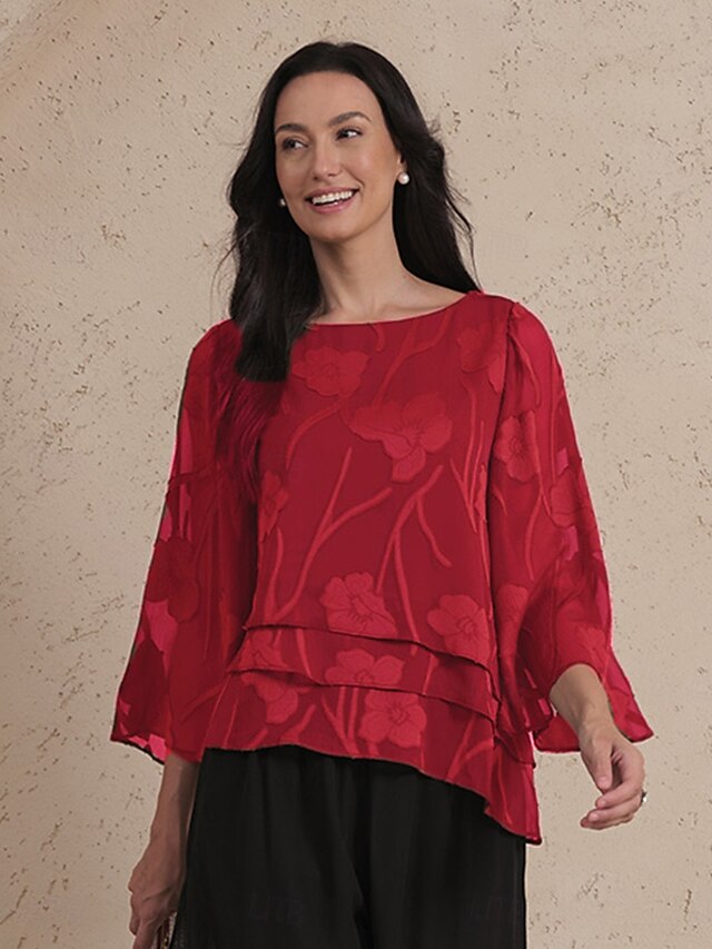 Women's Lace Shirt Blouse Dressy Tops Chiffon Tops Solid Color Floral Elegant Stylish Casual Half Sleeve Flutter Sleeve Boat Neck Regular Tops Wedding Guest Work Daily Asymmetric Hem Wine Summer4