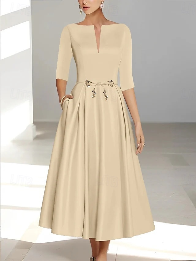  A-Linie Cocktailkleider Elegantes Kleid Formelle Hochzeitsgast Knöchellang Kurze Ärmeln Illusion-Ausschnitt Tasche Satin mit Schleife(n)