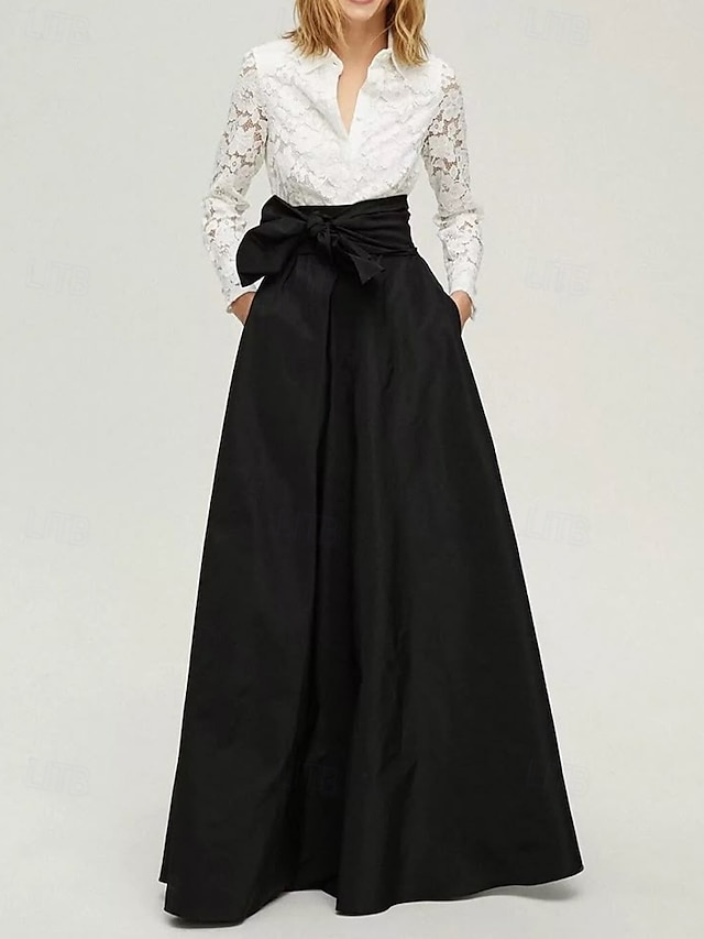  vestido formal preto e branco, linha A, vestido-camisa para mãe da noiva, elegante, simples e minimalista, gola estilo camisa, comprimento até o chão, renda elástica, tafetá, manga comprida com