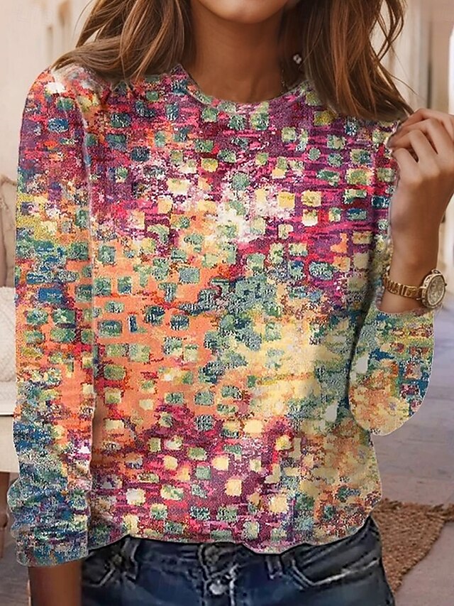 Women's T shirt Crew Neck Long Sleeve Tunic Ombre Geometric Modern Casual  Regular Tops Daily Weekend Print Blue Orange Fall Winter4