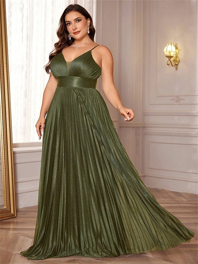  Vestidos A-Line Plus Size Vestido Elegante Curvas Formal Casamento Comprimento Total Sem Mangas Decote em V Cetim Costas Descidas com Pregas