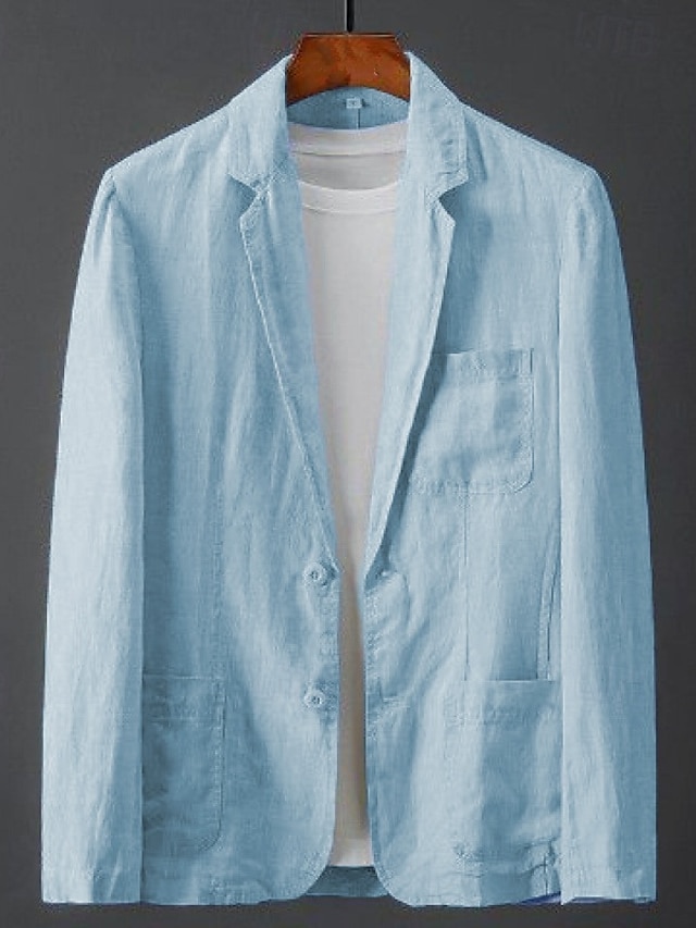  Voor heren Linnen blazer Sportjas Casual / Dagelijks Strand bruiloft Modieus Lichtgewicht Alle seizoenen Katoen linnen Effen Standaard Enkele knoopsluiting twee knopen Blazer Wit Hemelsblauw Beige