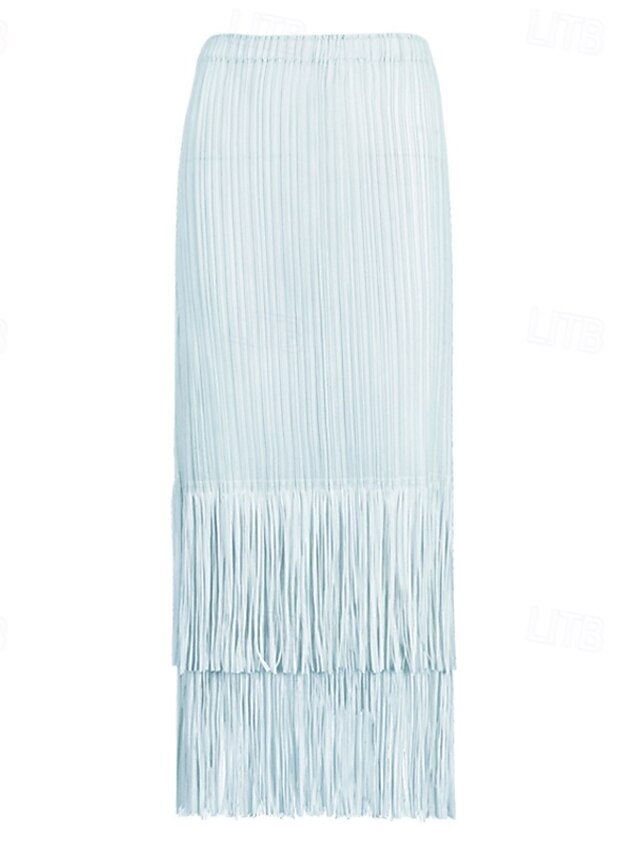  Femmes Ample Élégant ancien Mode Midi Taille Moyenne Jupes Frange à pompons Froncé Élastique Vacances Quotidien Aqua bleu Noir Vert Claire Rose Claire Été Polyester