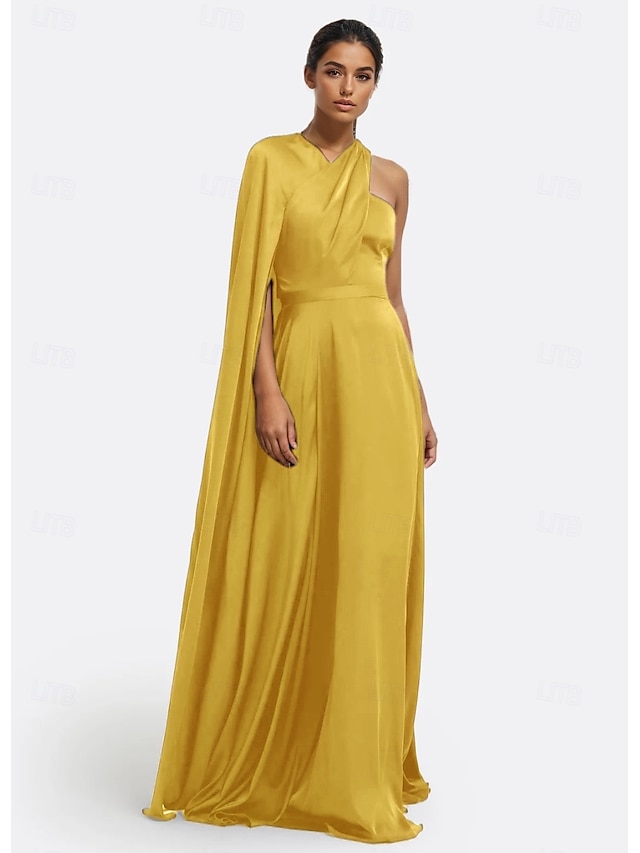  Vestido de Festa Longo A-Line Elegante Vestido Formal Casamento Sem Mangas Ombro Único Capas Satin Stretch com Pregas