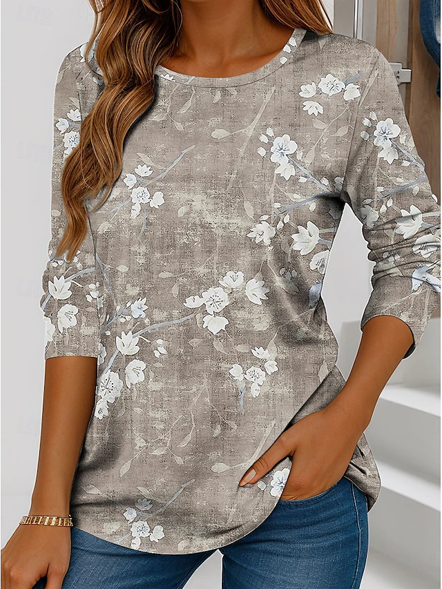 Women's T shirt Long Sleeve Casual Print Regular Tops Daily Blue Green Khaki Spring Fall Prefall 5