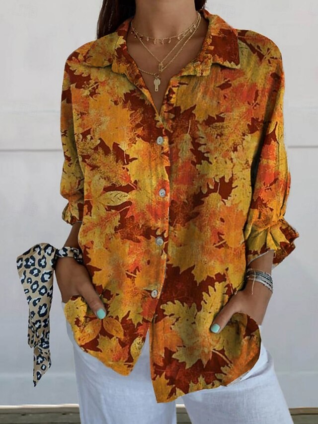 Women's Blouse Floral Daily Stylish Long Sleeve Shirt Collar Regular Tops Daily Holiday Buttons Print Orange Green Summer4