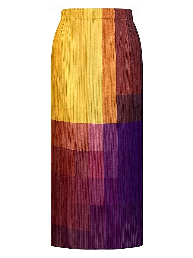 Dame الالتفاف Elegant Årgang Mote Fritid Midi Medium Midje Skjørt Gradert Rynket Elastisk Gul Sommer Polyester