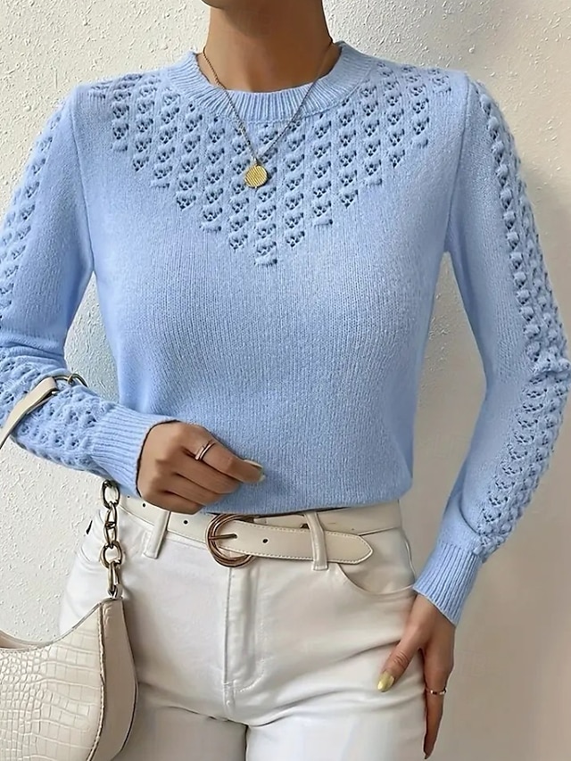  Women's Blouse Plain Modern Casual Long Sleeve Crew Neck Regular Tops Daily Going out Cut Out Blue Summer