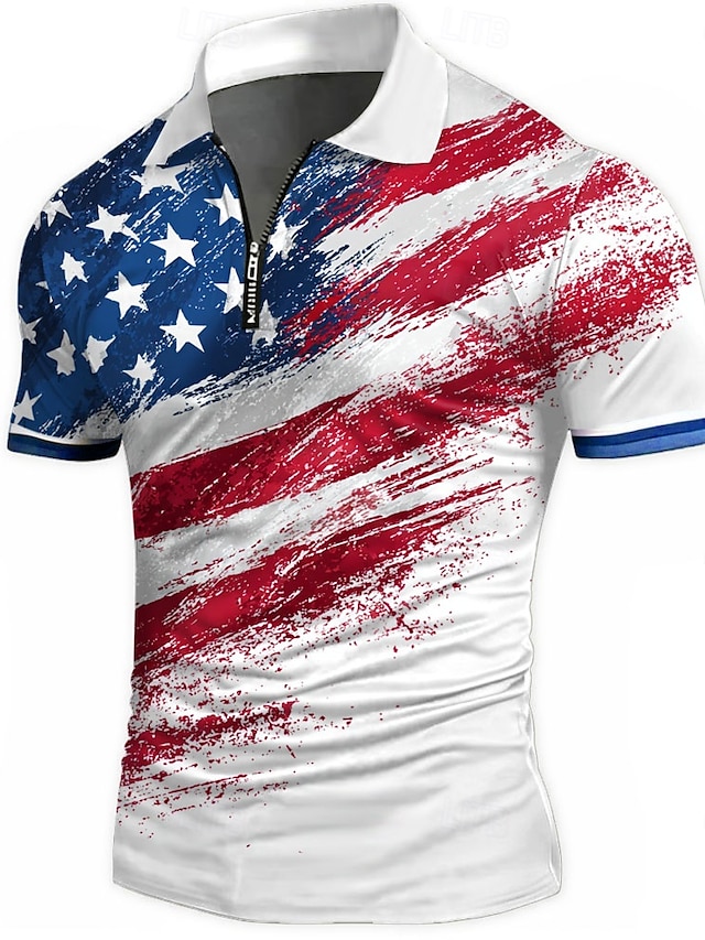  American Independence Day Men's American Flag Zip Polo Shirts Short Sleeve Polo Shirts Collared Shirts Casual Athleisure Daily Wear 3D Print Summer White Blue