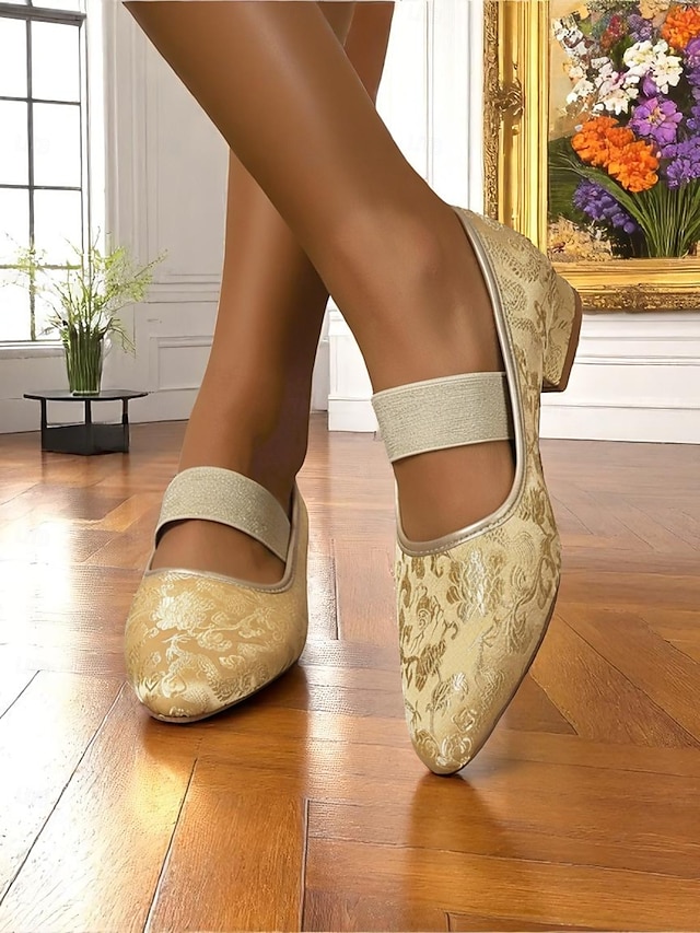  Ballerines Mary Jane en jacquard doré pour femme avec bride élastique – Chaussures à talons bas élégantes de style vintage des années 1950 pour mariages, goûters et occasions formelles