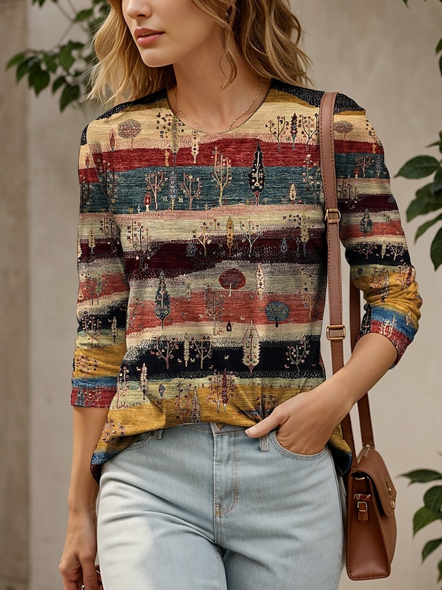 Femmes T-shirt Graphique Géométrique Rayé Élégant ancien Mode manche longue Col ras du cou Col rond Hauts Réguliers Quotidien Sortir Week-end Imprimé Jaune Rouge Bleu Violet Vert Été Printemps