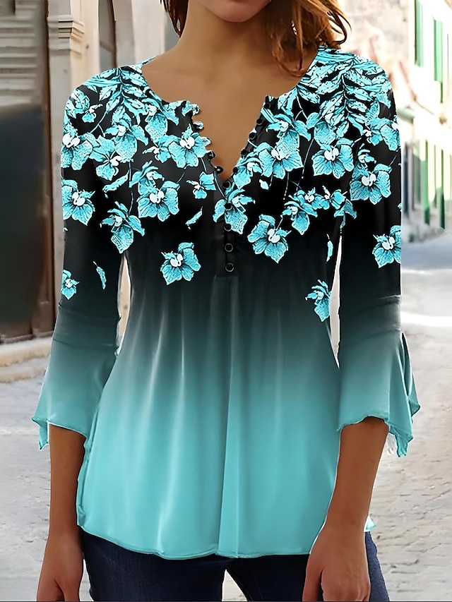  Ostern Damenbluse V-Ausschnitt Ombre Floral Grafik Elegant 3/4 Länge Ärmel Reguläre Oberteile Tägliche Ausgehen Knöpfe Weiß und Pink Blau Lila Sommer Frühling Herbst