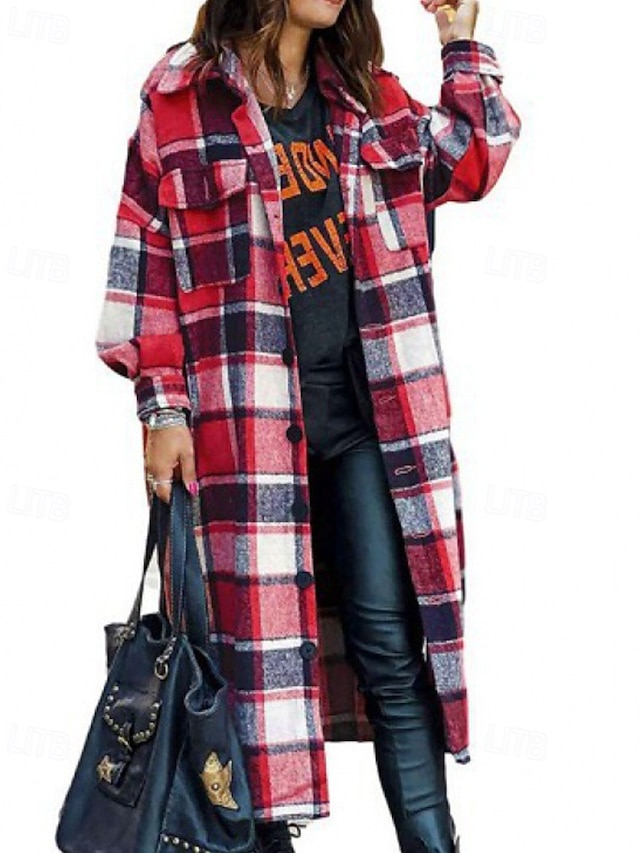  Damen Trenchcoat Bequem Knöpfe Tasche Modern Streetstyle Karomuster Ausgehen Alltagstauglich Einreihig Lang Umlegekragen Normale Passform Langarm Oberbekleidung Rote Rosenrot Grau Herbst Winter