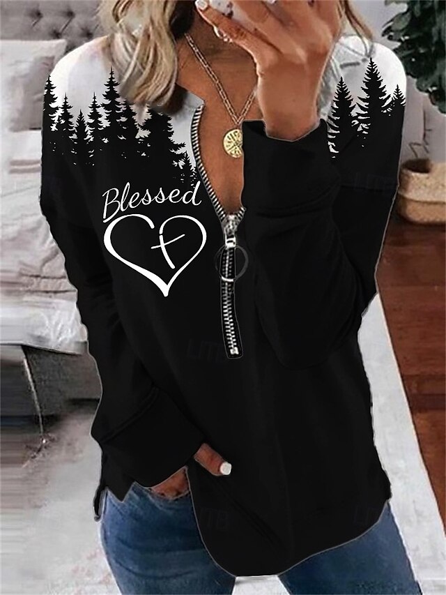 Women's Blouse Heart Daily Stylish Long Sleeve Crew Neck Regular Tops Daily Going out Print Quarter Zip Black Spring Fall4