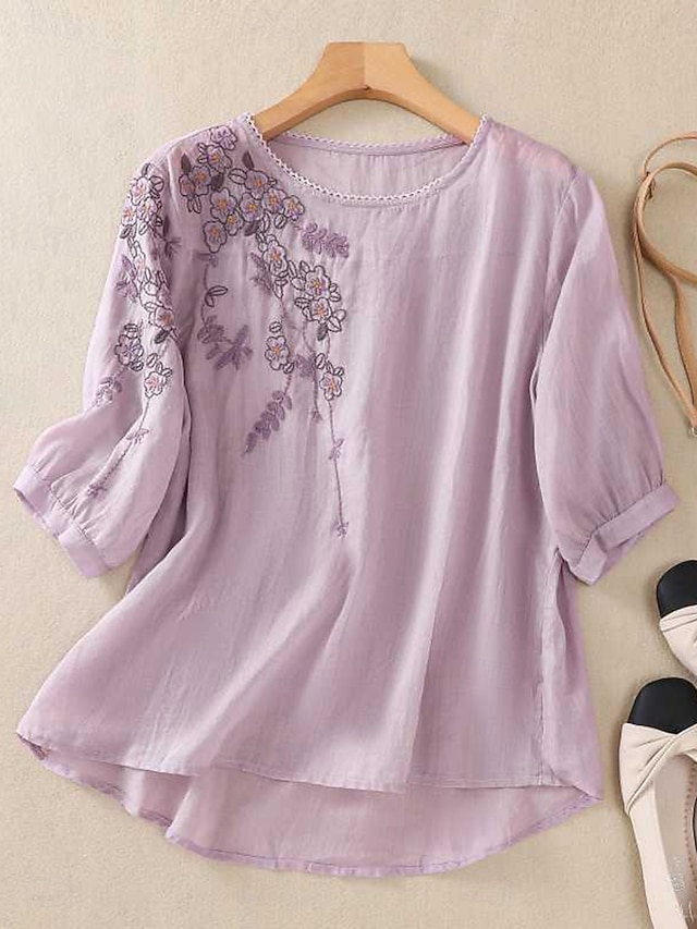  Femmes Chemises en coton et lin Couleur Unie Basique Occasionnel Manche 3/4 Col ras du cou Hauts Réguliers Quotidien Broderie Jaune Violet Vert Gris Été