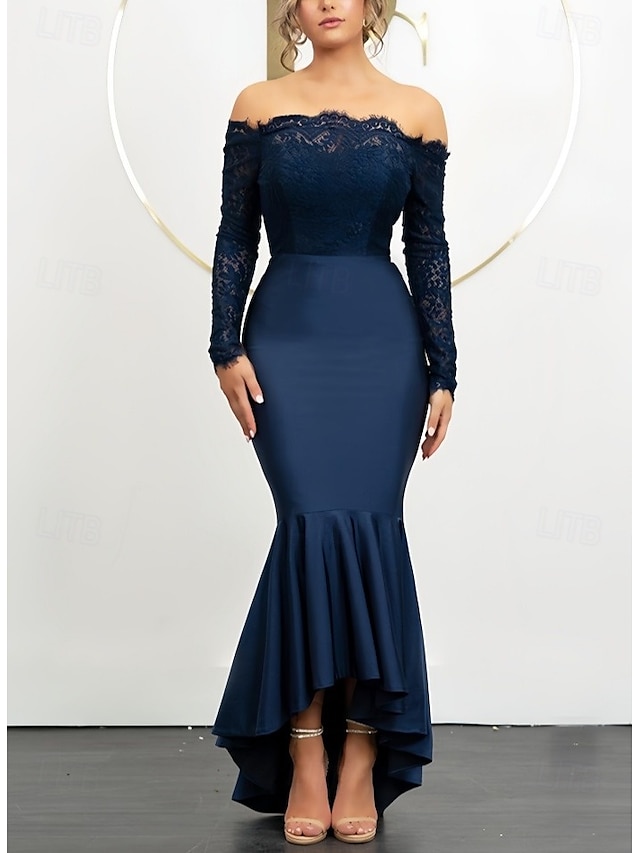  Havfrue  Trompet Bryllups Gjest Kjoler Elegant Kjole Bryllups Gjest Forlovelse Asymmetrisk Lange Ermer Off Shoulder Lace med Rysjer