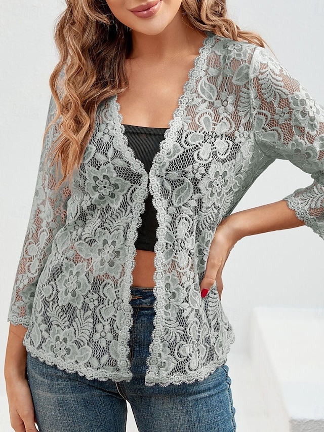  Per donna Camicia di Pizzo Tinta unica Elegante Essenziale Casual Manica Lunga Scollo a V Top Regolari Quotidiano Pizzo Patchwork Nero Bianco Rosso Grigio Estate Primavera