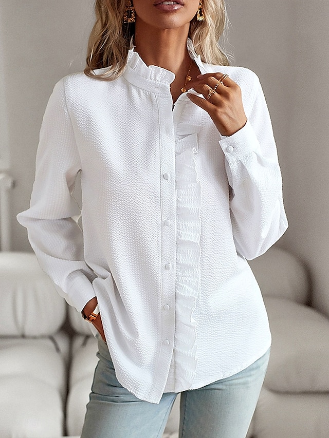  WOMEN'S SHIRT BUTTON DOWN BLOUSE SOLID COLOR PLAIN STRIPED ELEGANT STYLISH BASIC LONG SLEEVE CREW NECK REGULAR TOPS DAILY RUFFLE BUTTONS WHITE PINK SKY BLUE GRAY SPRING FALL WINTER