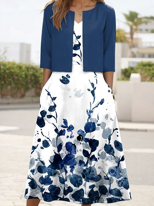 Women's Two Piece Dress Sets Midi Dress with Jacket Elegant A Line Dress Half Sleeve Party Semi Formal Floral Graphic Print V Neck Wedding Guest Daily White Navy Blue Sky Blue Regular Fit4
