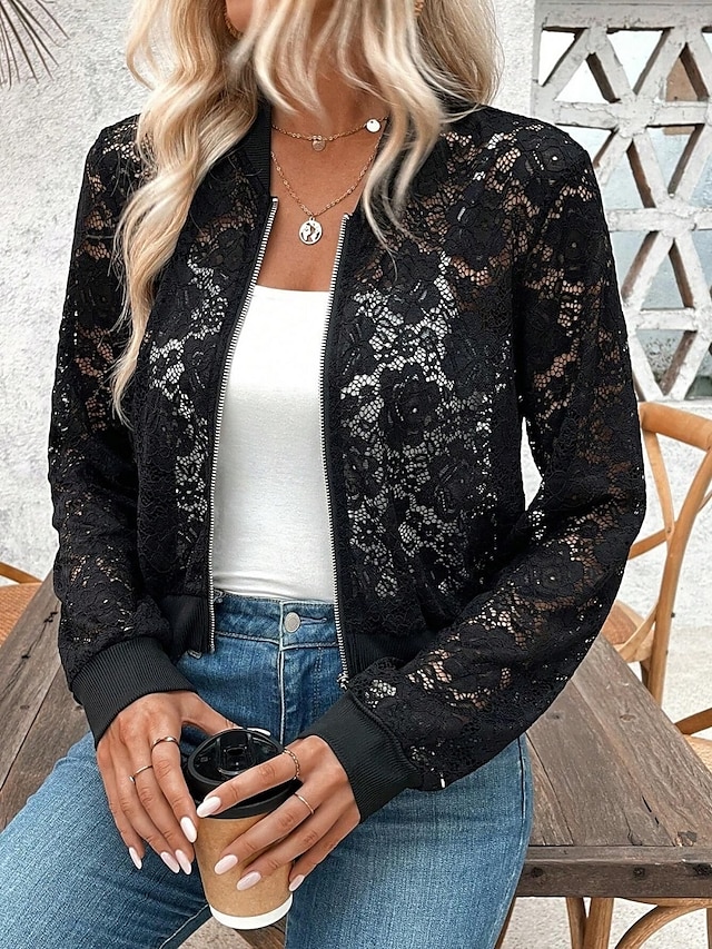  Dámské Letecká bunda Pohodlné Prodyšné Krajka Slátanina Zip Elegantní Na běžné nošení Bez vzoru Dovolená ulice Ležérní Denní nošení Zip Krátké Stojáček Běžný Dlouhý rukáv Svrchní oděvy Černá Léto Jaro