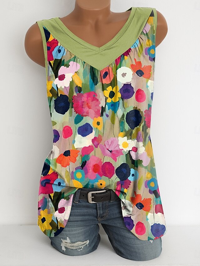  Femmes Débardeur caraco Fleuri Graphique ancien Élégant Occasionnel Sans manches Col en V Hauts Longs Quotidien Imprimé Vert herbe Bleu Poudré Violet Vert Été Printemps