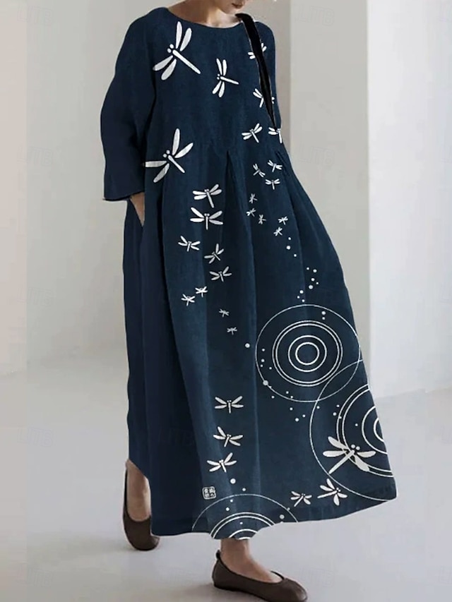  Damen Midikleid Sommerkleid A Linie Kleid Urlaub Lässig Strand Ferien Lässiger Schnitt Blumen Grafik Langarm Rundhalsausschnitt U-Boot-Ausschnitt Marineblau Khaki Dunkelgray Sommer Frühling Herbst