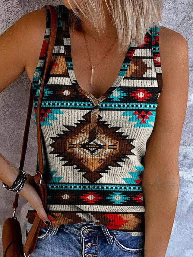  Dámské Tílko do košilky Grafika Geometrický Vinobraní stylové Západní Bez rukávů Bez rukávů Do V Crop Tops Denní Tisk Rubínově červená Vodní modrá Hnědá Léto Jaro