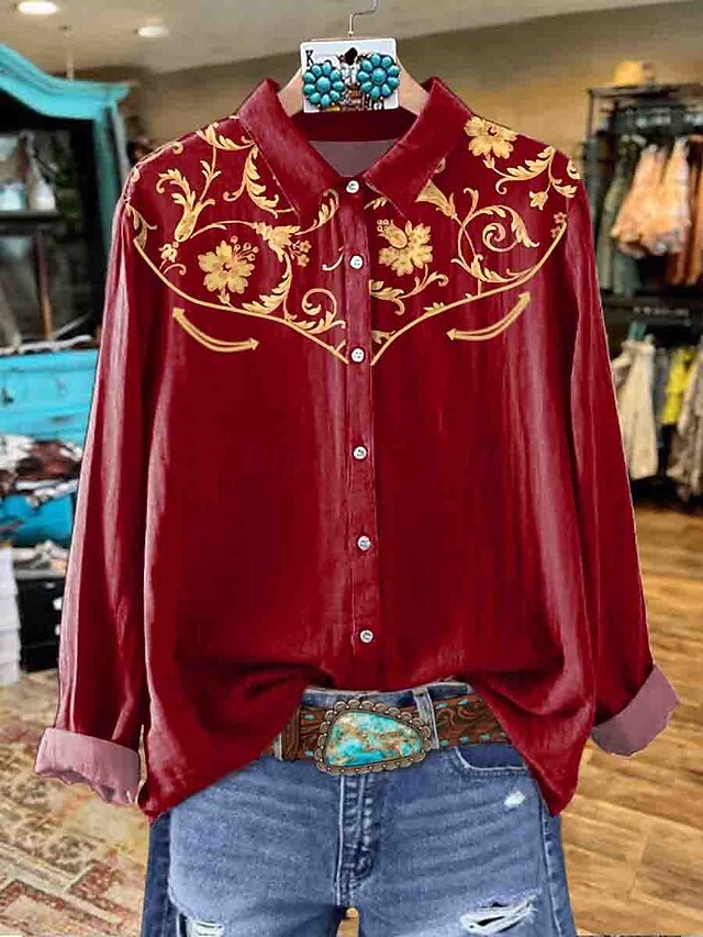 Women's Shirt Button Down Tunic Shirt Collar Long Sleeve Floral Graphic Western Casual Regular Tops Work Daily s Print Blush Pink Yellow Red Spring Fall Winter4