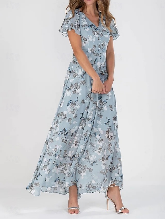  Femmes Robe maxi Robe trapèze Vacances Occasionnel Boho Extérieur Sortir Coupe Standard Fleuri Manche Courte Col en V Bleu Ciel Bleu Fuchsia Vert Été