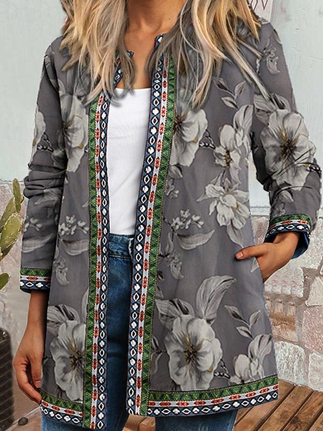  Mujer Dusters elegantes Chaquetas elegantes Chaqueta casual Calle Noche Otoño Invierno Regular Abrigo Ajuste regular Mantiene abrigado Cómodo Moda Moderno Chaquetas Manga Larga Floral Bolsillo Azul