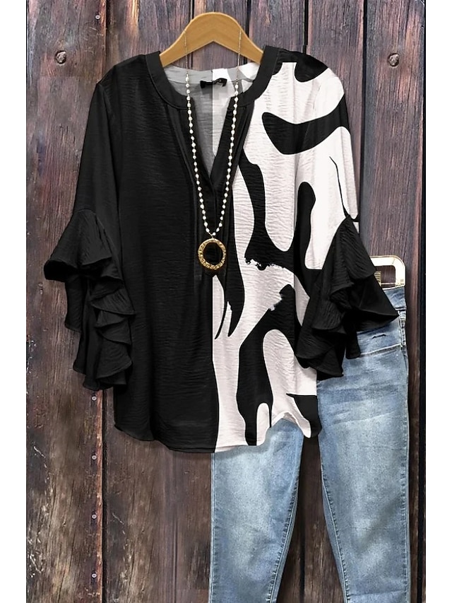  Per donna Blusa Floreale Grafico Geometrico Bohemien Vintage Quotidiano Manica 3/4 Manica a Volant Scollo a V Top Regolari Quotidiano Ferie Abbigliamento da vacanza Volant Stampato Nero Rosa Blu