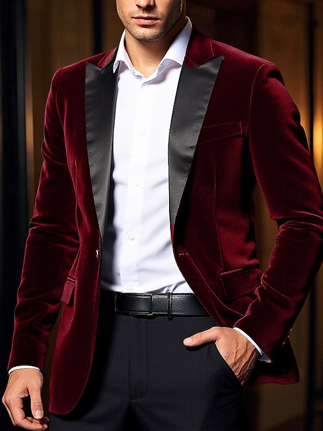 Men's Velvet Blazer Jacket Party Tuxedos Warm Vintage Fall Winter Solid Color Pocket Classic Single Breasted One-button Blazer Black Red Blue Green