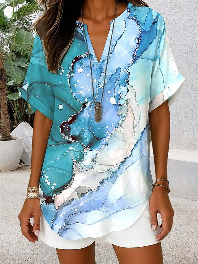 Women's Blouse V Neck Graphic Geometric Elegant Daily Stylish Short Sleeve Regular Tops Daily Holiday Blue Purple Green Summer Spring4