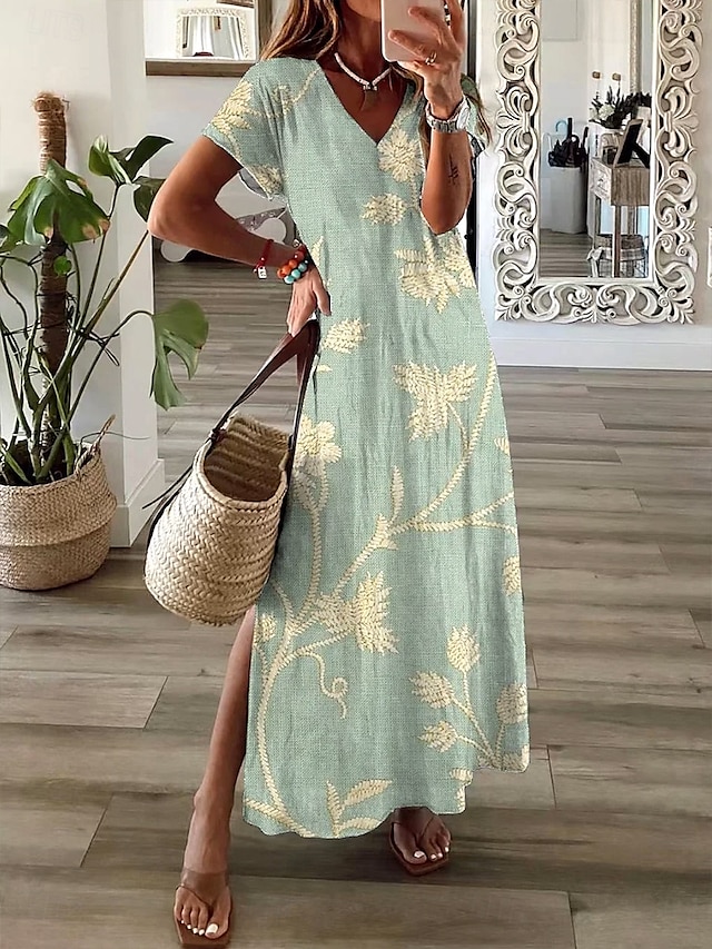  Damen Maxikleid Freizeitkleid Sommerkleid A Linie Kleid Elegant Urlaub Lässig Strand Normale Passform Blumen Grafik Kurzarm V Ausschnitt Hellgrün Grau Sommer Frühling