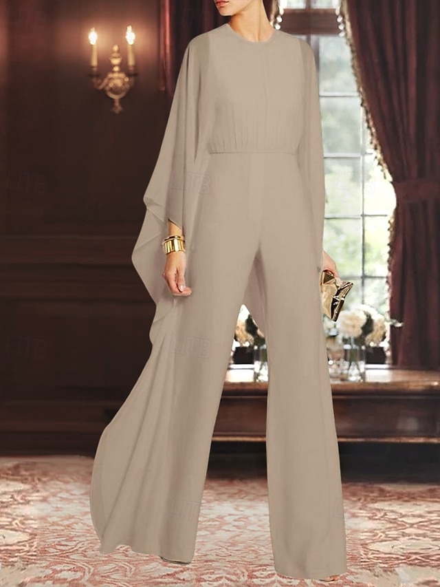  Combinaison cape  pantalon Robe mère de la mariée Élégante Simple Minimaliste Col rond Longueur de sol Chiffon Manches 3/4 avec fronces