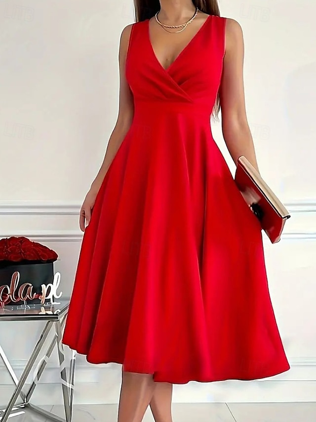  Femmes Robe Midi Robe d'été Mode Moderne Extérieur Vacances Quotidien Coupe régulière Uni Sans manches Col en V Noir Rouge Bleu Été