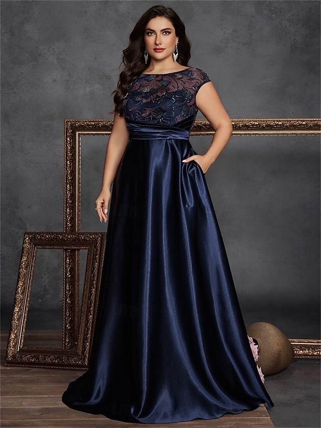  A-Line Vestidos Plus Size Elegante Vestido de Curvas Formal Casamento Comprimento do Chão Sem Mangas Decote Redondo Cetim com Plissados 2025