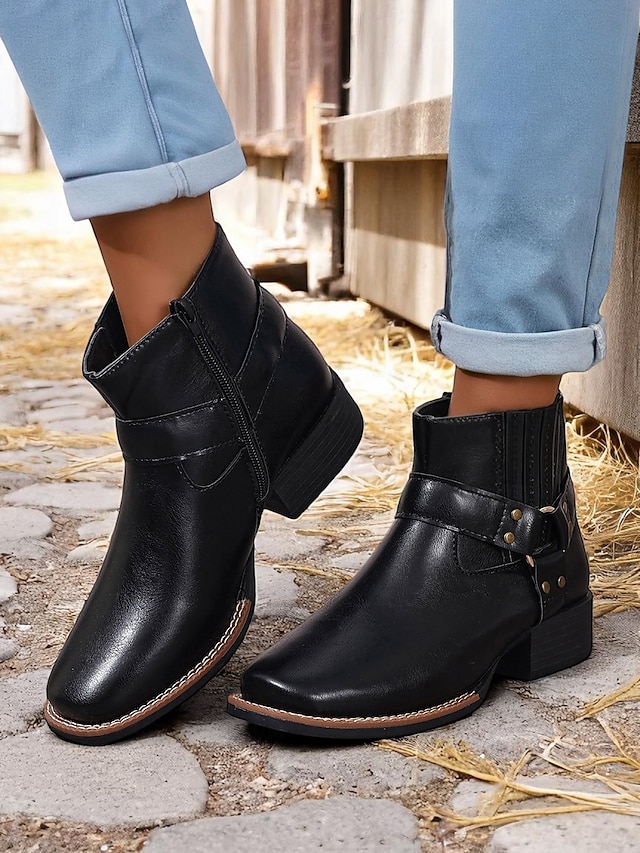  bottines pour femmes avec fermeture éclair latérale et détail de sangle, similicuir, chaussures de travail de style occidental pour les tâches agricoles en plein air, la fête des récoltes et le port quotidien