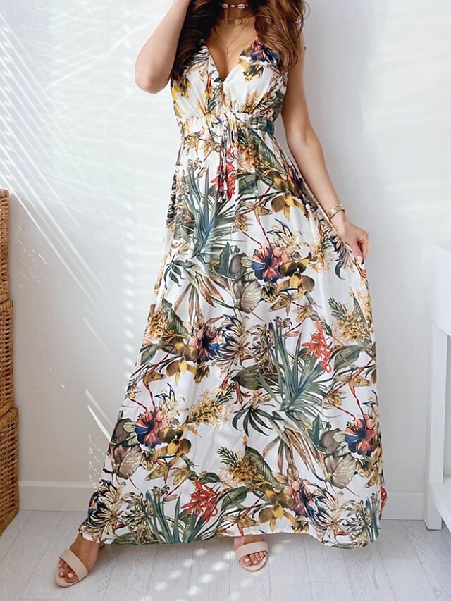 Vacation Floral Print Zipper Contrast Strapless Long Dresses