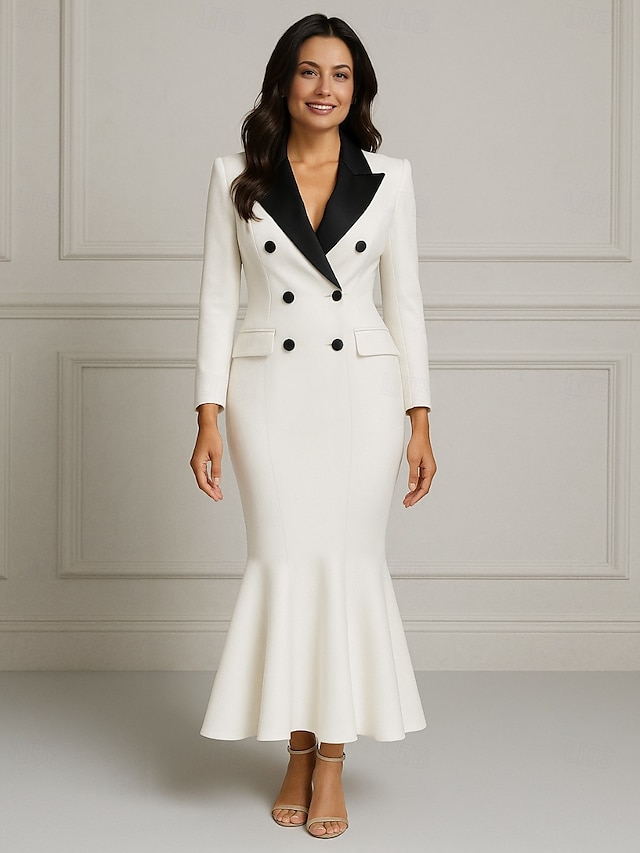  Schwarz-weißer Meerjungfrau Blazer Revers Brautmutter Kleid Hochzeits Elegant Knöchellang Stretchstoff Langarm mit Farbblock