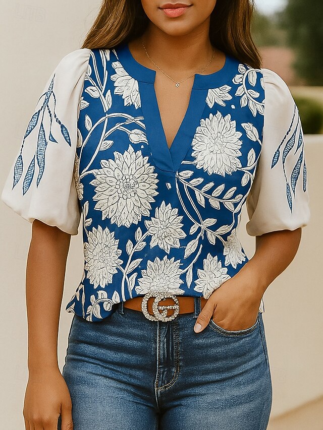 Women's Shirt Summer Tops Casual Beach Half Sleeve V Neck Regular Tops Blue Summer3