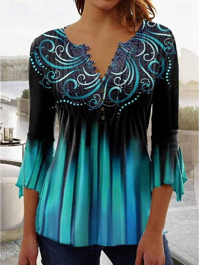  Kvinnors Blus V-hals Ombre Floral Graphic Elegant 3/4 Längd Ärm Vanliga Topp Daglig Ute Knappar Gräsgrön Svart och grå Blå Lila Grön Sommar Vår Höst