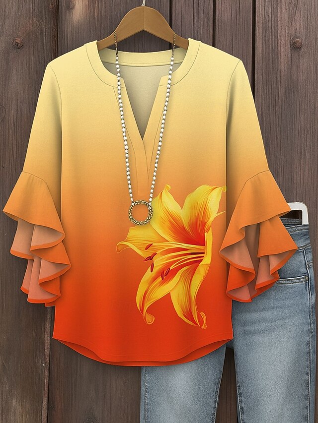 Women's Blouse V Neck Ombre Floral Graphic Vintage Daily Ethnic 3/4 Length Sleeve Regular Tops Daily Holiday Vacation Wear Print Blue Purple Orange Summer Spring4