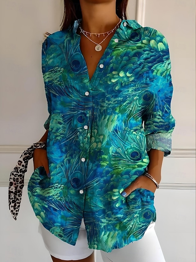  Dames Overhemd Ombre Bloemig Grafisch Romantisch Casual Strandstijl Lange mouw Overhemdkraag Normale tops Werk Dagelijks Knop Afdrukken Blozend Roze Groen Regenboog Lente Herfst