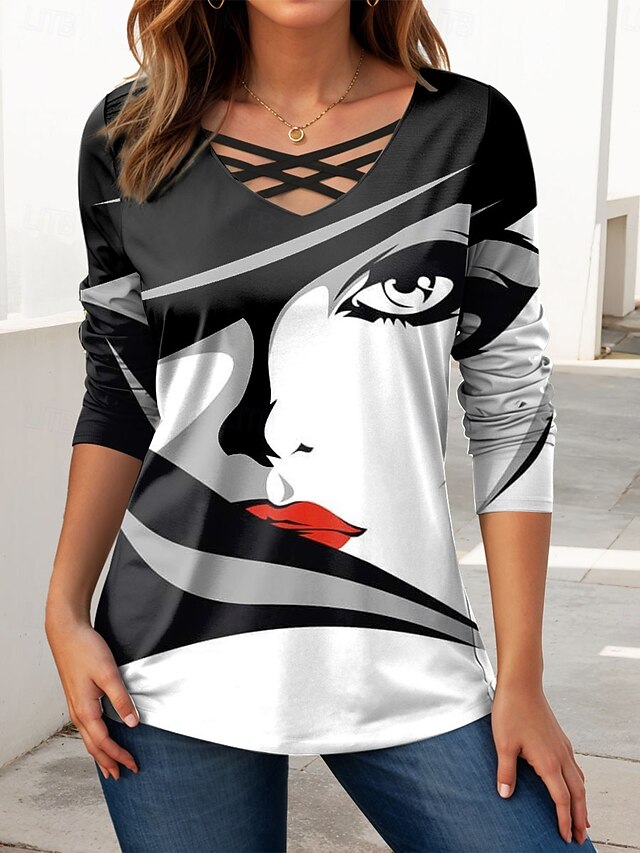 Women's T Shirt Graphic Geometric Abstract Vintage Stylish Modern Long Sleeve V Neck Regular Tops Daily Cut Out Print Black White Orange Spring Fall4