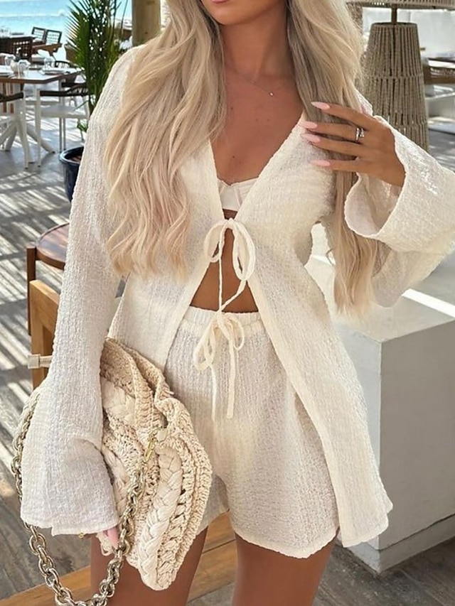  Dam Semester Mode Streetwear Set med shorts Långärmad V-hals Ensfärgat Rynkad Ledigt Dagligen Helgdag Vit Beige Sommar Lös passning