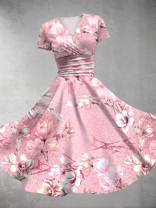  Pentru femei Rochii Midi Rochie de vară Rochie Fit And Flare Petrecere Casual Zilnic Concediu Fit regulat Floral Grafic Manșon scurt În V Roz Îmbujorat Albastru piscină Mov Trifoi Vară