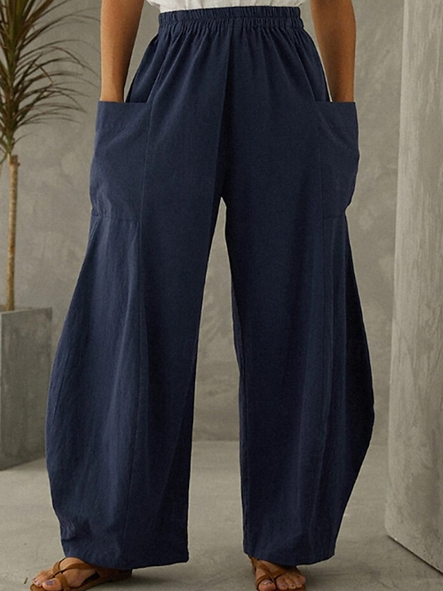  Mulheres Calças de linho de algodão Atrevido Perna larga Moda Casual Comprimento total Cintura Média Tecido Cintura elástica Respirável Confortável Micro-Elástica Rua Roupa Diária Para Noite Azul Céu