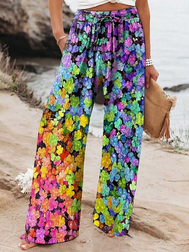 Women's Culottes Wide Leg Wide Leg Chinos Vacation Vintage Fashion Full Length High Waist Floral Graphic Leaf Elastic Waistband Printing Soft Breathable Micro-elastic Vacation Street Causal Purple3